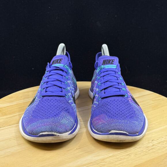 WOMENS 7.5 NIKE FREE 4.0 FLYKNIT RUNNING SHOES PURPLE BLUE WHITE 717076 501 - Picture 2 of 10